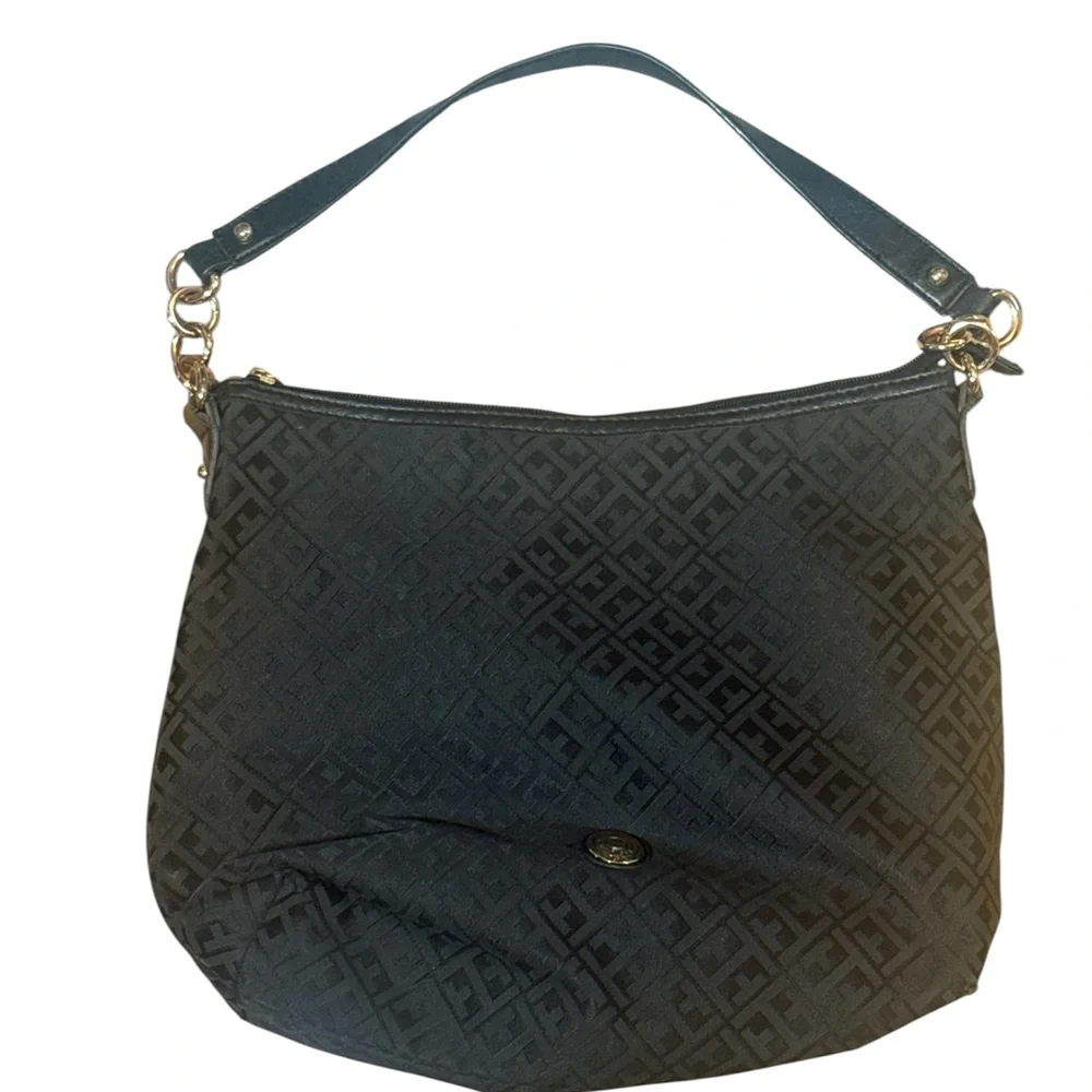 Tommy Hilfiger Black Patterned Hobo Bag Logo textured jacquard city chic neutral